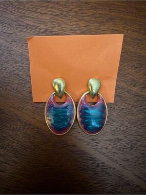 Gold Oval Drop Earrings with Teal and Pink Enamel